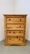 A MODERN MEXICAN PINE FOUR DRAWER CHEST WIDTH 92CM. DEPTH 48CM. HEIGHT 130CM.