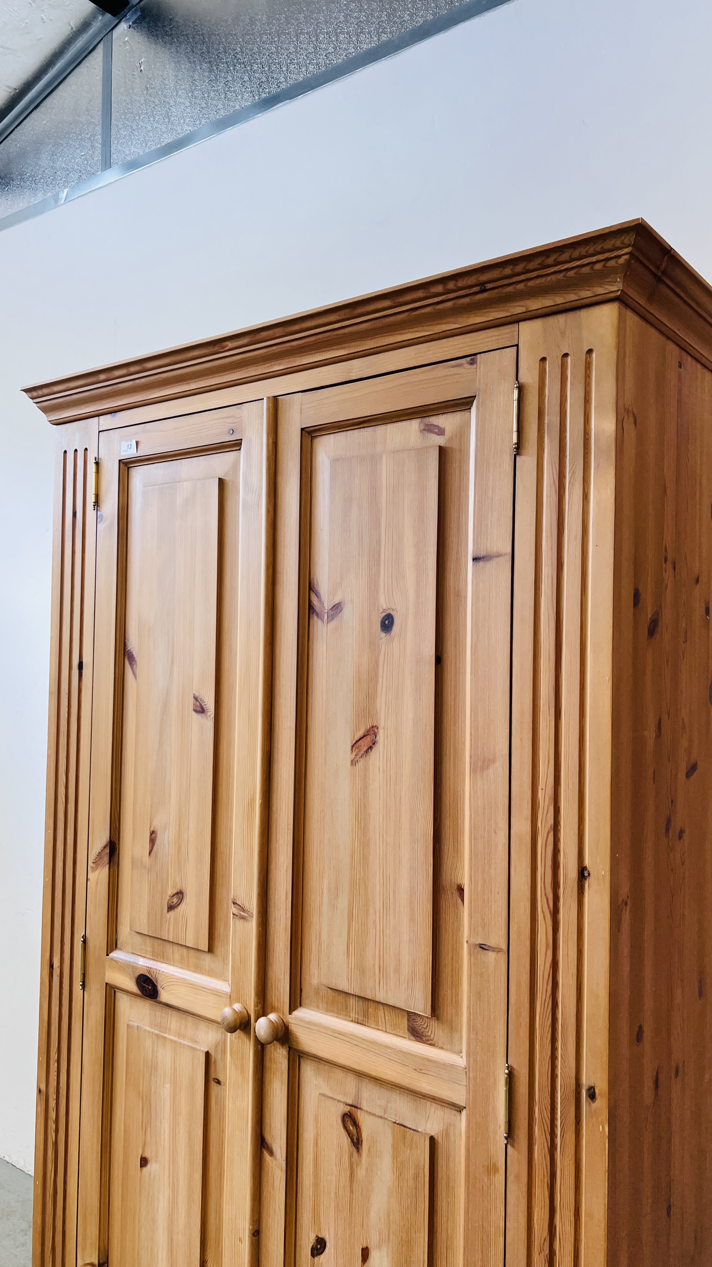 A GOOD QUALITY WAXED PINE TWO DOOR WARDROBE, W 108CM, D 60CM, H 196CM. - Image 3 of 9