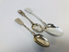 A SILVER FIDDLE PATTERN SERVING SPOON LONDON 1820 ALONG WITH TWO SILVER FIDDLE PATTERN DESSERT