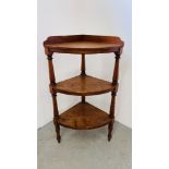 ANTIQUE OAK THREE TIER CORNER STAND.