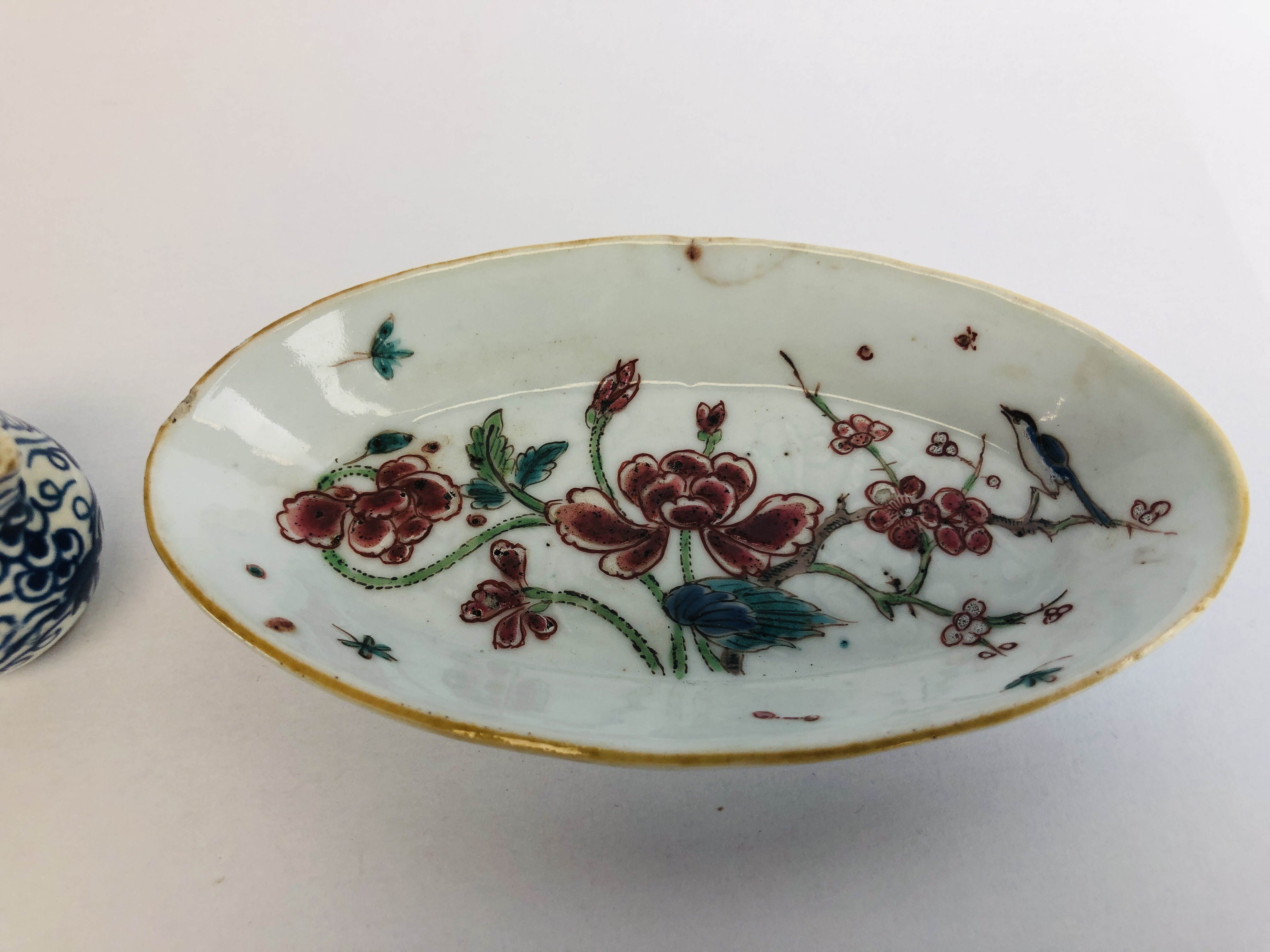 A BOW BLUE AND WHITE MINIATURE MILK JUG H 4CM ALONG WITH A CHINESE QIAN LONG OVAL SPOON TRAY L 13. - Image 2 of 11