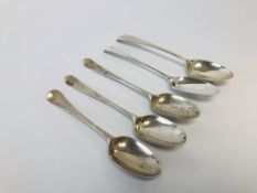 5 X MID C18th SILVER DESSERT SPOONS ALL LONDON ASSAY VARIOUS DATES AND MAKERS THE LARGEST 7CM.