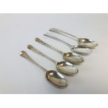 5 X MID C18th SILVER DESSERT SPOONS ALL LONDON ASSAY VARIOUS DATES AND MAKERS THE LARGEST 7CM.