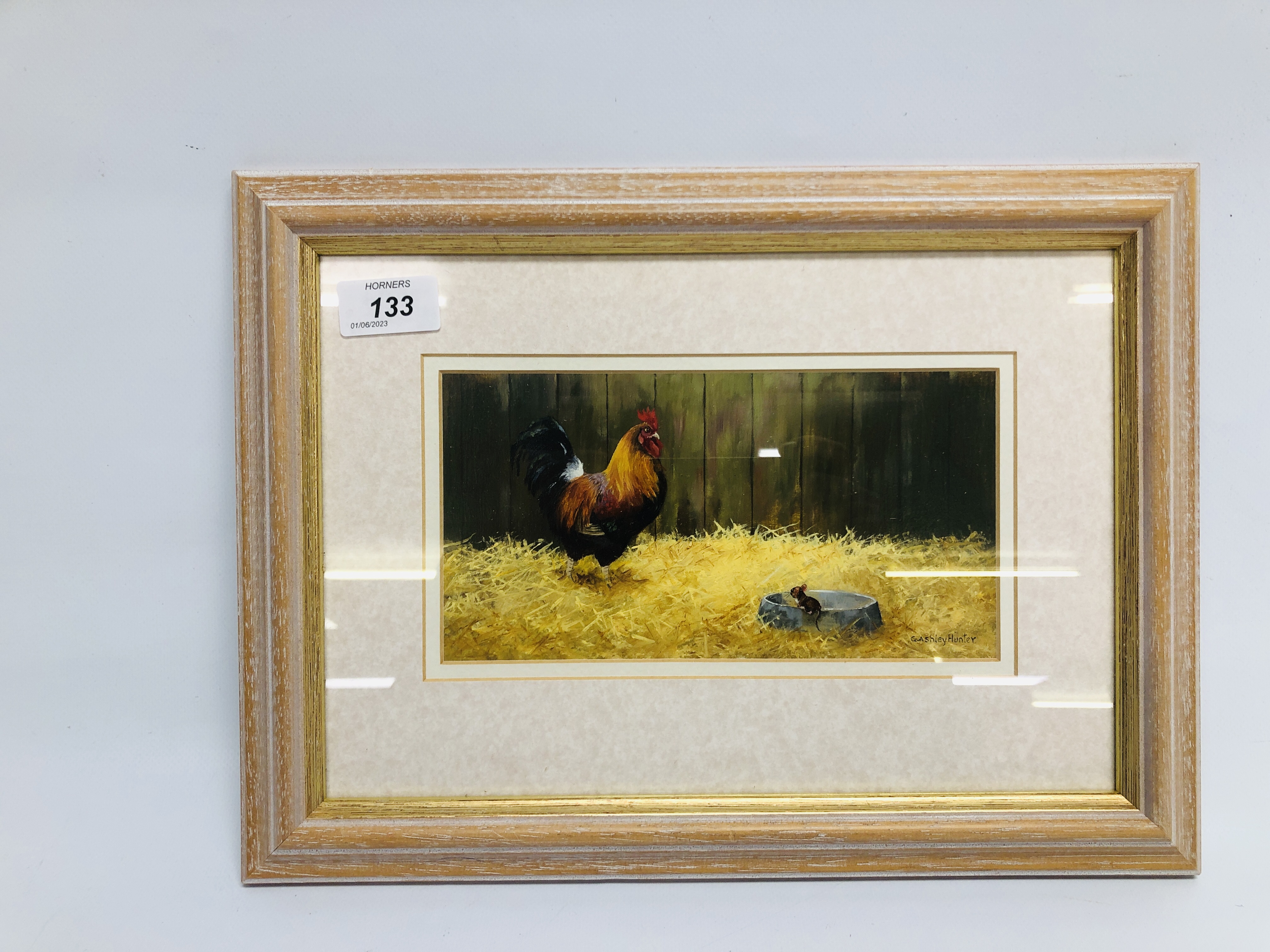 OIL ON BOARD "LOOKING FOR SCRAPS" BEARING SIGNATURE G ASHLEY HUNTER HEIGHT 11CM. X 21.5CM.