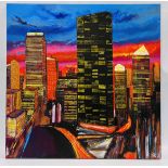 A MODERN ART CANVAS "SKYSCRAPERS" BEARING INITIALS R.B. W 100CM X H 99CM.