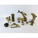 A COLLECTION OF SOLID BRASSWARES TO INCLUDE GREYHOUND, CARP, DOLPHINS, TRIVETS ETC.