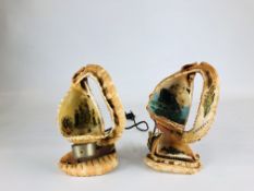A PAIR OF VINTAGE CRAFTED SHELL LIGHTS DEPICTING RELIGIOUS AND BOATING SCENES (COLLECTORS ITEM