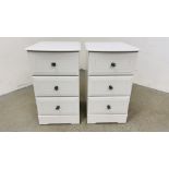A PAIR OF MODERN KINGSTON WHITE FINISH THREE DRAWER BEDSIDE CHESTS EACH W 43CM. D 47CM. H 75CM.