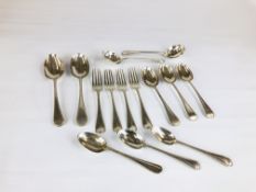 A GROUP OF SILVER THREAD PATTERN FLAT WARE TWO SERVING SPOONS PROBABLY LONDON 1773,