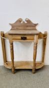 ANTIQUE STRIPED PINE HALL STAND WITH SINGLE DRAWER AND UMBRELLA HOLDER W 94CM X D 30CM X H 109.5CM.