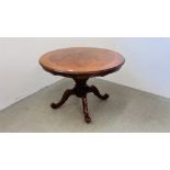 A REPRODUCTION CIRCULAR SINGLE PEDESTAL TABLE WITH BURR WALNUT INLAY - DIAM 100CM X H 73CM.