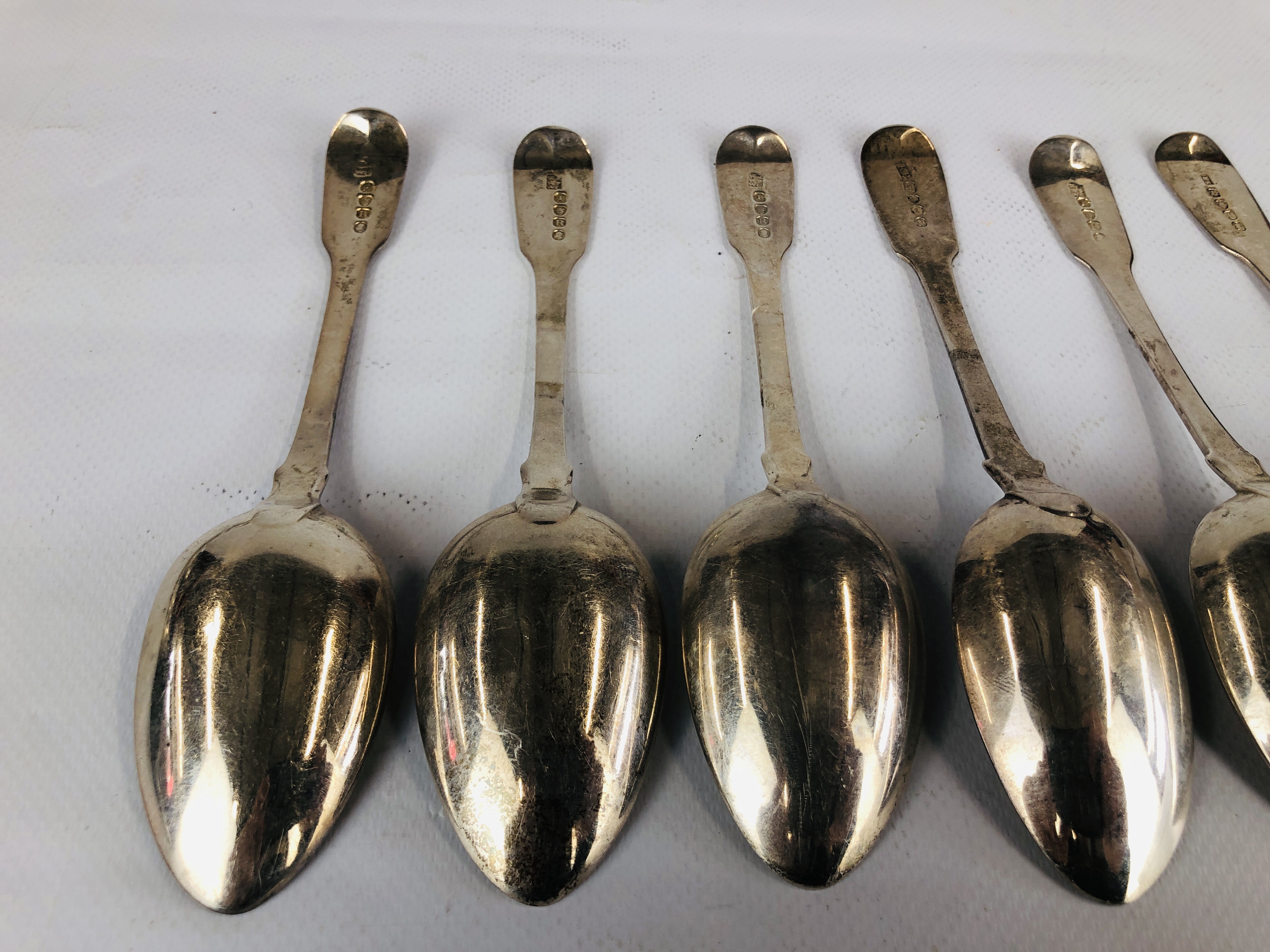 A MATCHED GROUP OF EIGHT SILVER FIDDLE PATTERN DESSERT SPOONS VICTORIAN AND EARLIER DIFFERENT - Image 7 of 11