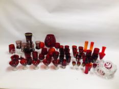TWO BOXES CONTAINING A COLLECTION OF ASSORTED RUBY GLASSWARE TO INCLUDE A LEMONADE SET ETC.