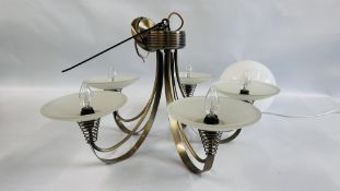 A GOOD QUALITY CENTRE LIGHT FITTING WITH GLASS SHADES + 1 OTHER TABLE LIGHT - SOLD AS SEEN.