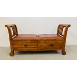 MODERN HARDWOOD TWO DRAWER MONKS BENCH WITH PADDED LEATHER SEEAT (ORIGINALLY PURCHASED FROM THE