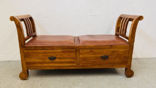 MODERN HARDWOOD TWO DRAWER MONKS BENCH WITH PADDED LEATHER SEEAT (ORIGINALLY PURCHASED FROM THE