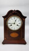 A VINTAGE INLAID MAHOGANY MANTEL CLOCK - H 34CM.