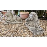 A PAIR OF CONCRETE LION STATUES, W 59CM X H 40CM.