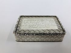 OF ORANGE ORDER INTEREST...A SILVER SNUFF BOX WITH PRESENTATION ENGRAVING "...BR. ROBT GURLEY...