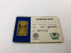 5G FINE GOLD 999.9 INGOT WITH CERTIFICATE.