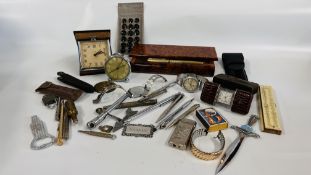 BOX OF MIXED VINTAGE COLLECTIBLES TO INCLUDE LIGHTERS, TRAVEL CLOCK, WATCHES, PENS, RULE,