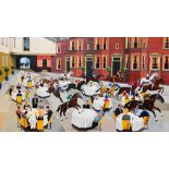 AN OVERSIZE OIL ON CANVAS STEEPLECHASE AND DINERS STREET SCENE BEARING SIGNATURE LEWIS 2006 152 X
