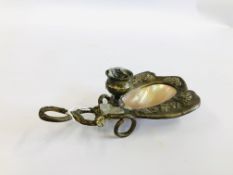 A VINTAGE GILT METAL CHAMBER STICK THE HANDLE OF BRANCHED DESIGN,