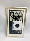 A FRAMED BEE GEES "ONE NIGHT ONLY" DISPLAY INCLUDING A SIGNED BLACK AND WHITE PHOTO WITH
