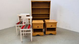 A PAIR OF PINE EFFECT BEDSIDE UNITS, DROP FLAP KITCHEN TABLE,