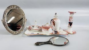 AN EDWARDIAN 5 PIECE DRESSING TABLE SET ALONG WITH ART NOUVEAU STYLE WHITE METAL HAND MIRROR AND