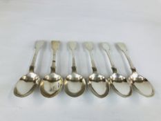 A SET OF SIX SILVER FIDDLE PATTERN DESSERT SPOONS, LONDON 1845 BY G. ADAMS.