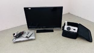 A SONY 32 INCH TV ALONG WITH A BUSH DVD PLAYER AND CLEAR CO PROJECTOR IN CASE WITH ACCESSORIES -