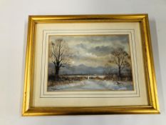 MIXED MEDIA "MARSHES IN WINTER" BEARING SIGNATURE JAMES ALLEN H 11CM X 16.5CM.