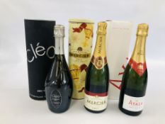 THREE BOTTLES OF CHAMPAGNE TO INCLUDE - CLEO BRUT, MERCIER BRUT AND AYALA BRUT MAJEUR.