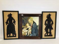 A PAIR OF CARVED RESIN WALL HANGING PICTURES OF KING AND QUEEN WITH STAFFS ALONG WITH OIL ON BOARD