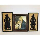 A PAIR OF CARVED RESIN WALL HANGING PICTURES OF KING AND QUEEN WITH STAFFS ALONG WITH OIL ON BOARD