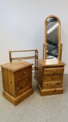 TWO WAXED PINE BEDSIDE CHESTS AND A PINE TOWEL RAIL, DRESSING MIRROR.