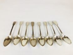 A MATCHED GROUP OF EIGHT SILVER FIDDLE PATTERN DESSERT SPOONS VICTORIAN AND EARLIER DIFFERENT