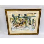 A LARGE FRAMED AND MOUNTED WATERCOLOUR COACHING SCENE,