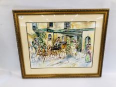 A LARGE FRAMED AND MOUNTED WATERCOLOUR COACHING SCENE,