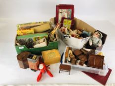 A COLLECTION OF VINTAGE TOYS, DOLLS, GAMES, DOLLS HOUSE FURNITURE, JIGSAWS, STEIFF MONKEY,