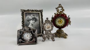 A SILVER FRONTED DESK CLOCK ALONG WITH WHITE METAL PHOTO FRAME,