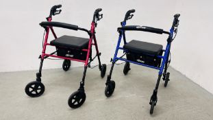 2 X DRIVE FOUR WHEELED, BRAKED AND FOLDING WALKING AIDS (ONE RED, ONE BLUE).