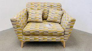 ERCOL "GELA" SNUGGLER EASY CHAIR - ORLY CITRON UPHOLSTERED WITH MATCHING SCATTER CUSHIONS,