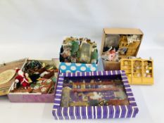 FOUR BOXES CONTAINING DOLLS HOUSE FITTINGS AND DOLLS.