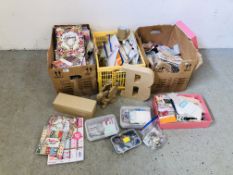 3 BOXES OF HOBBY CRAFT AND PAPER CRAFT ACCESSORIES TO INCLUDE DECOUPAGE FIGURES, PAPER PACKS,