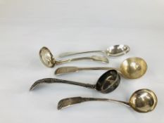 A MIXED GROUP OF FIVE SILVER LADLES INCLUDING ONE SIFTER NEWCASTLE 1857,