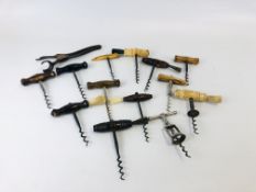 14 VARIOUS VINTAGE CORKSCREWS TO INCLUDE LUNDS LONDON LEVER