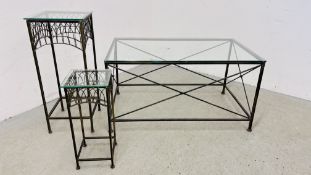 A DESIGNER METAL CRAFT RECTANGULAR OCCASIONAL TABLE WITH GLASS TOP W 99CM. D 60CM.