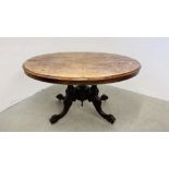 A VICTORIAN LOO TABLE WITH TILT TOP, INLAID WALNUT FINISH.